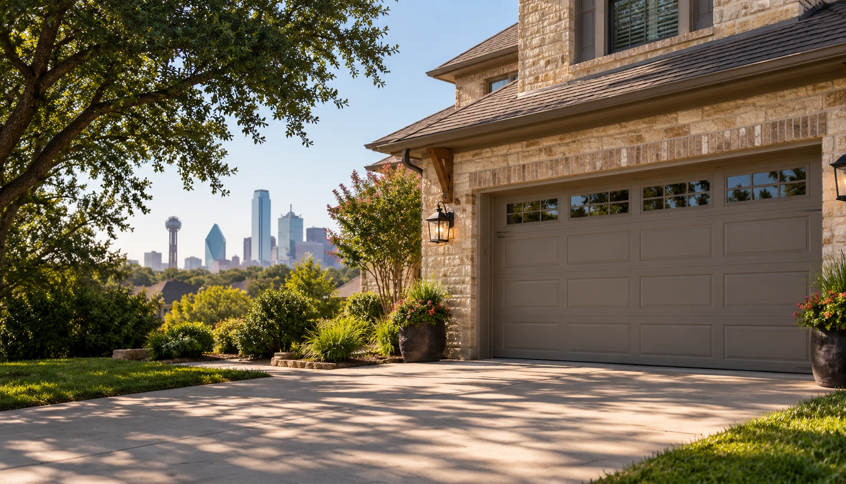 Luxury Dallas home with a modern garage door