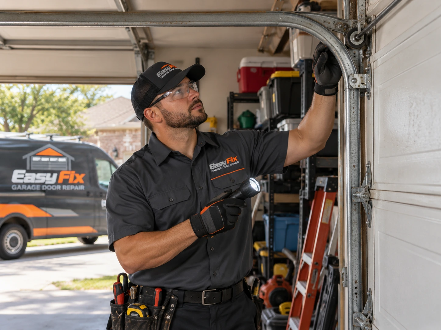 Garage door technician completing a detailed inspection